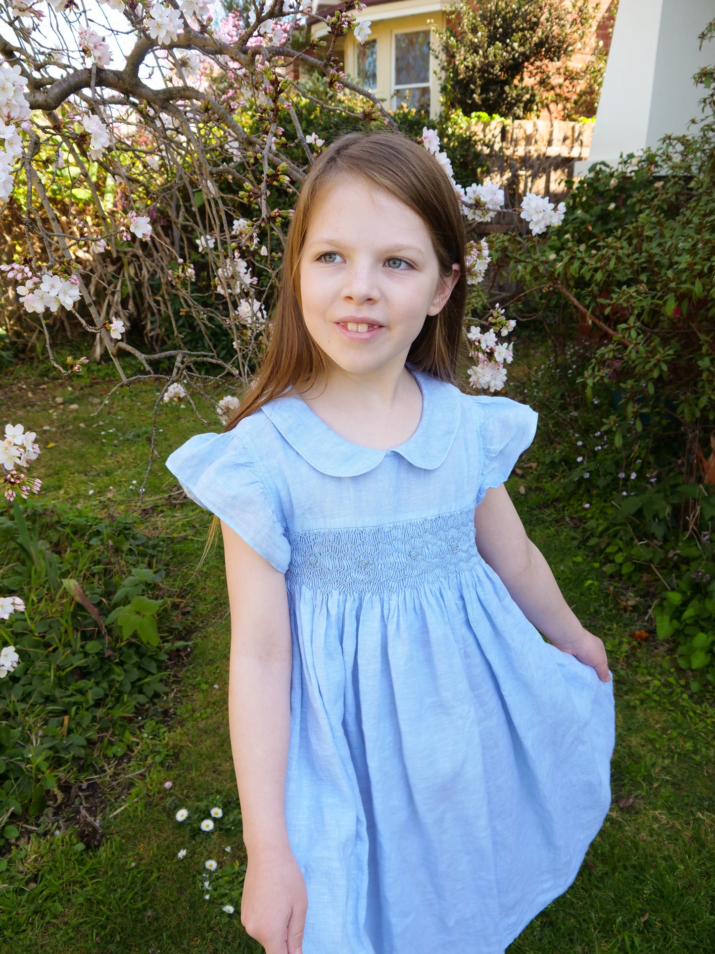 Blue Linen Smocked Dress
