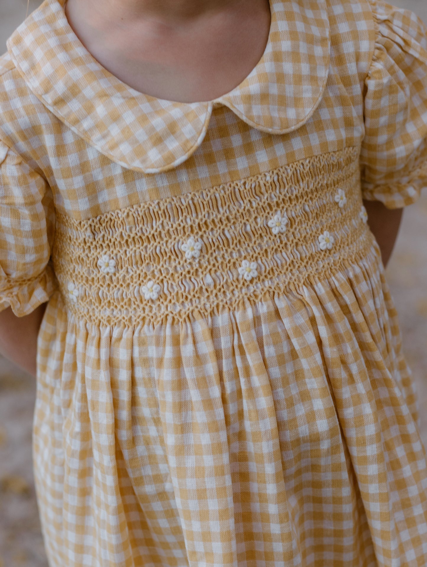 Yellow Gingham Linen Smocked Dress