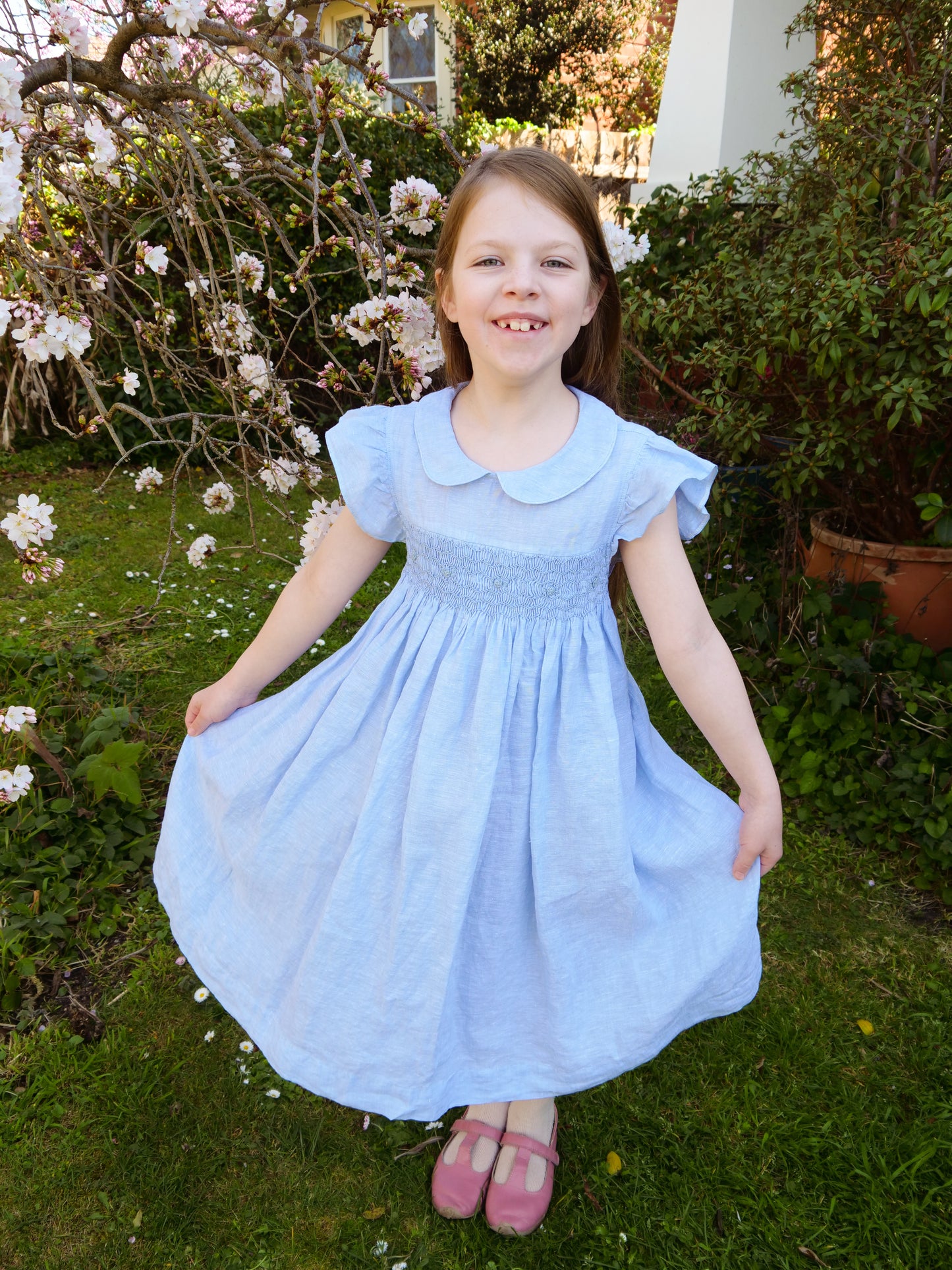 Blue Linen Smocked Dress
