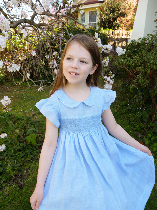 Blue Linen Smocked Dress