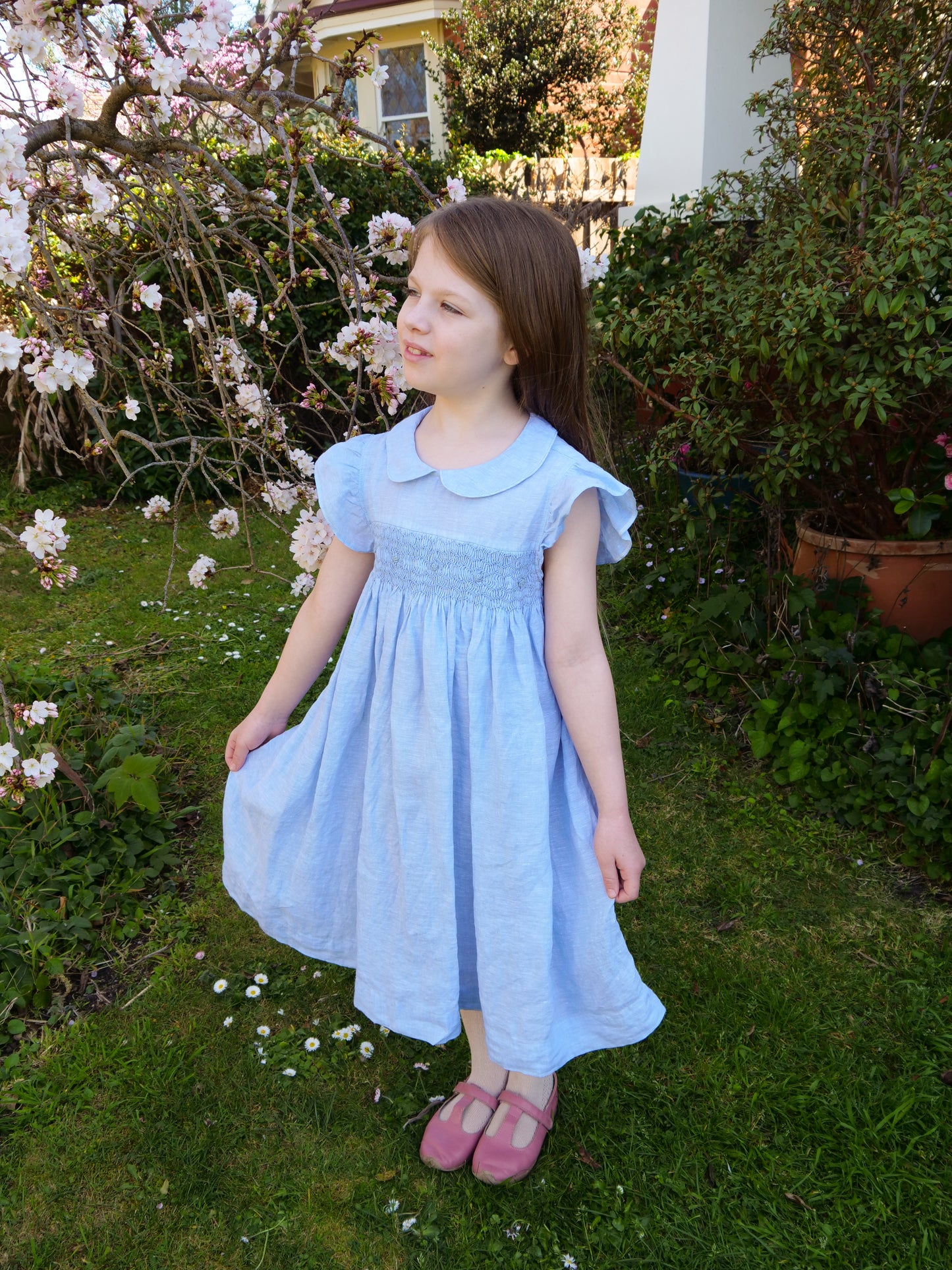Blue Linen Smocked Dress