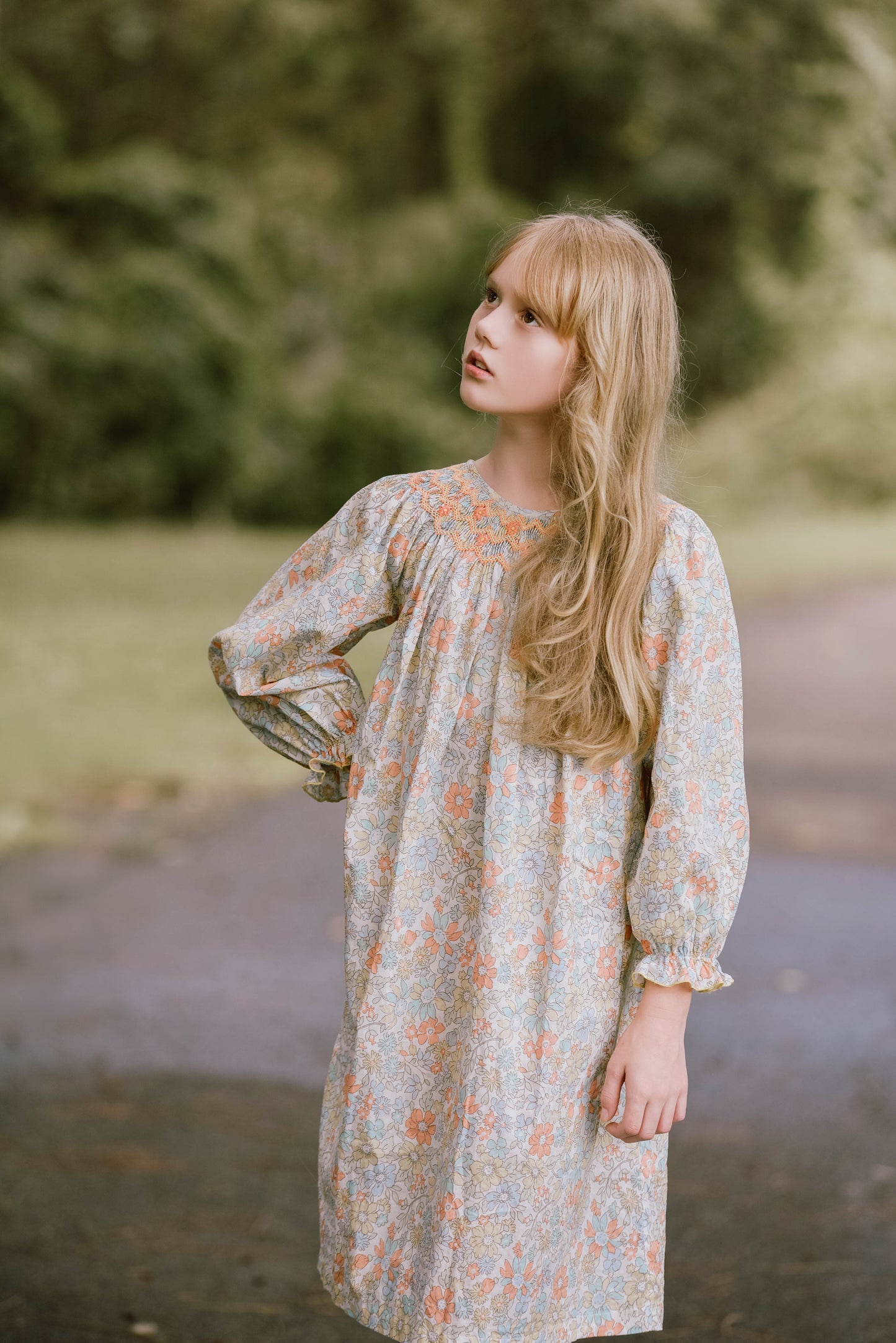 Orange Bloom Smocked Dress (Long Sleeves)