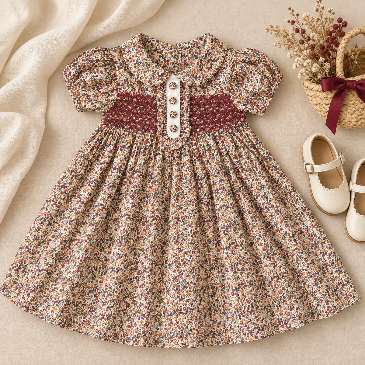 Hazel Ivory Floral Smocked Cotton Dress