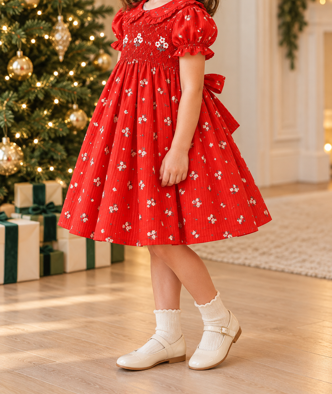 Red Floral Smocked Christmas Dress