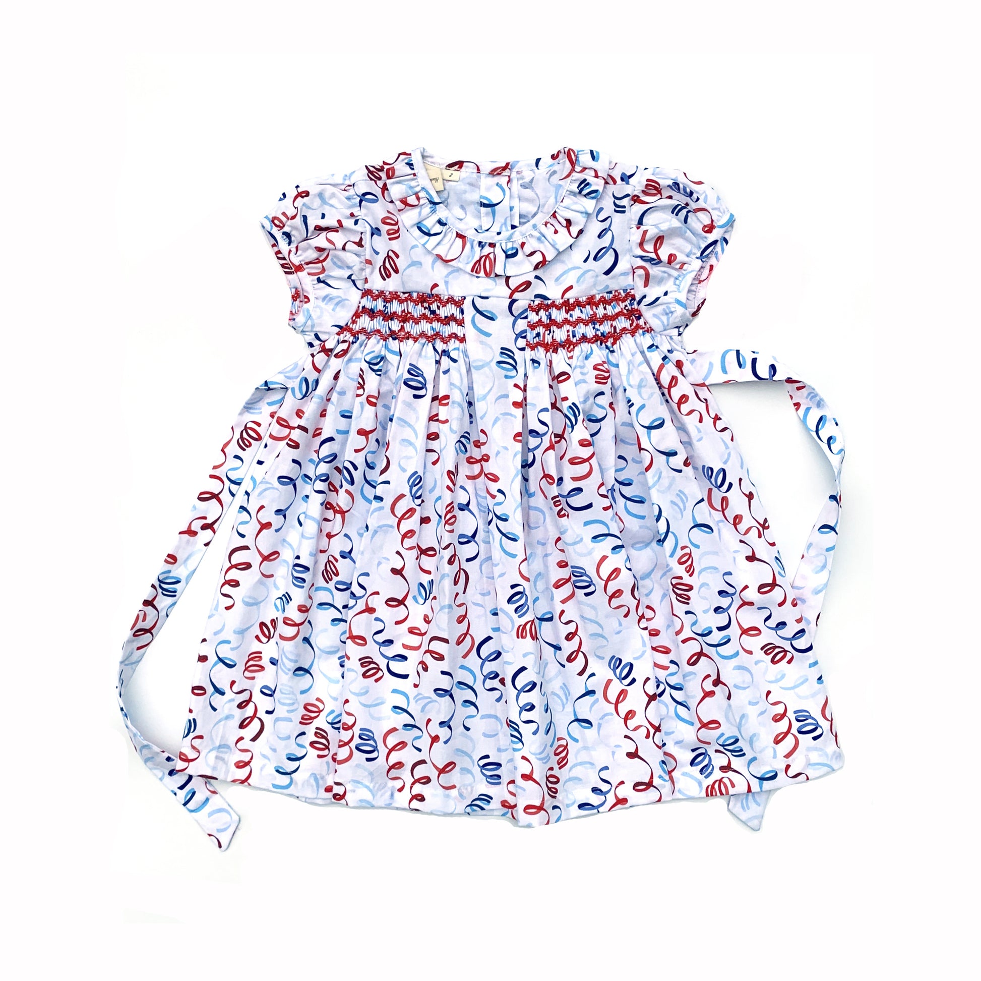 Red Blue Ribbon Smocked Dress.