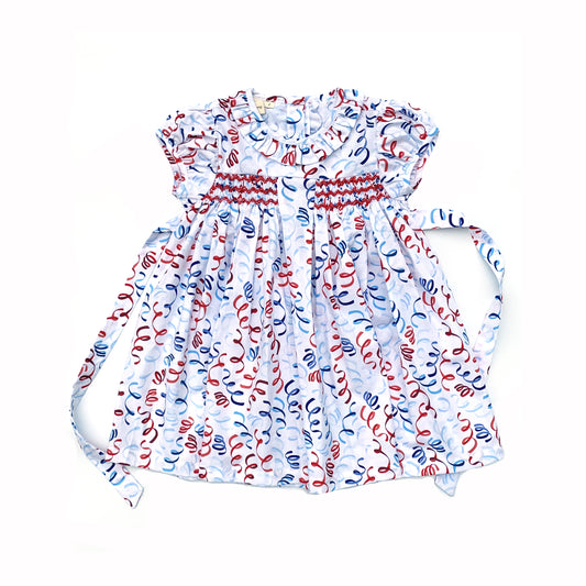 Red Blue Ribbon Smocked Dress.