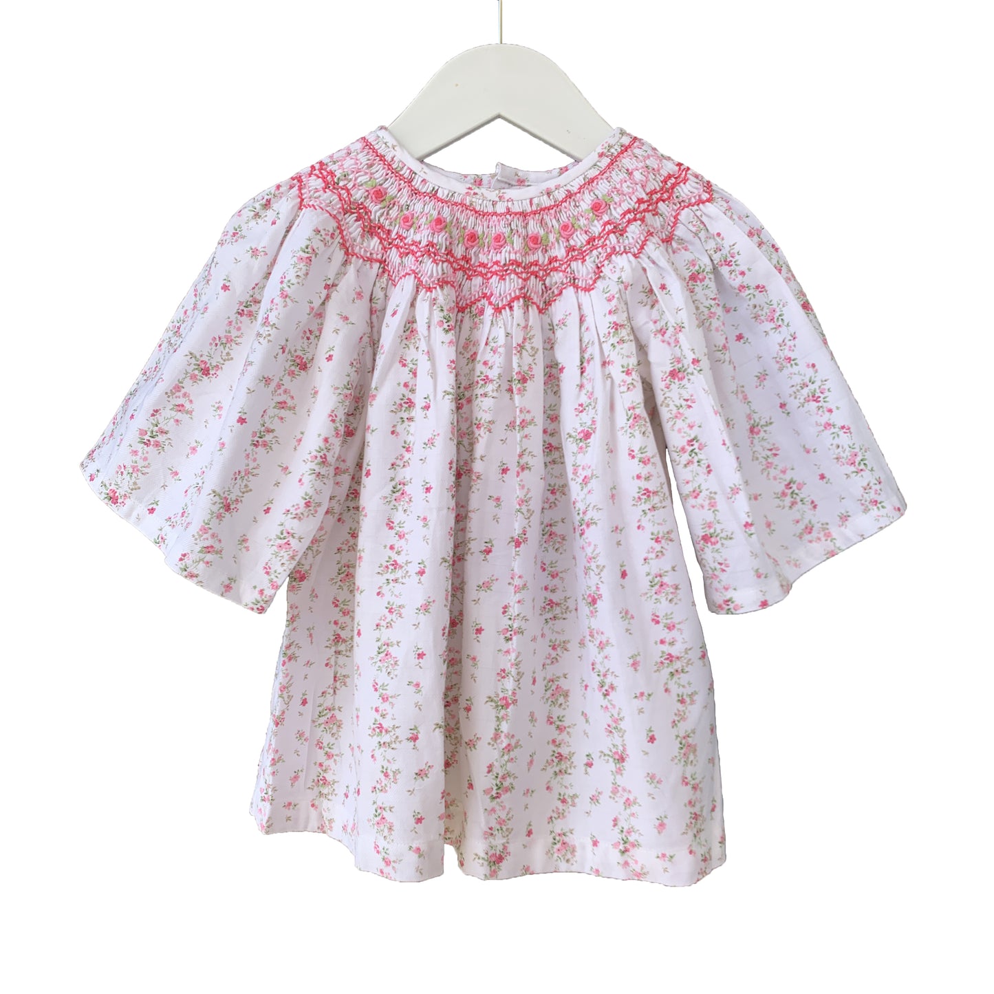 Bishop Pink Roses Smocked Dress with 3/4 Sleeves.