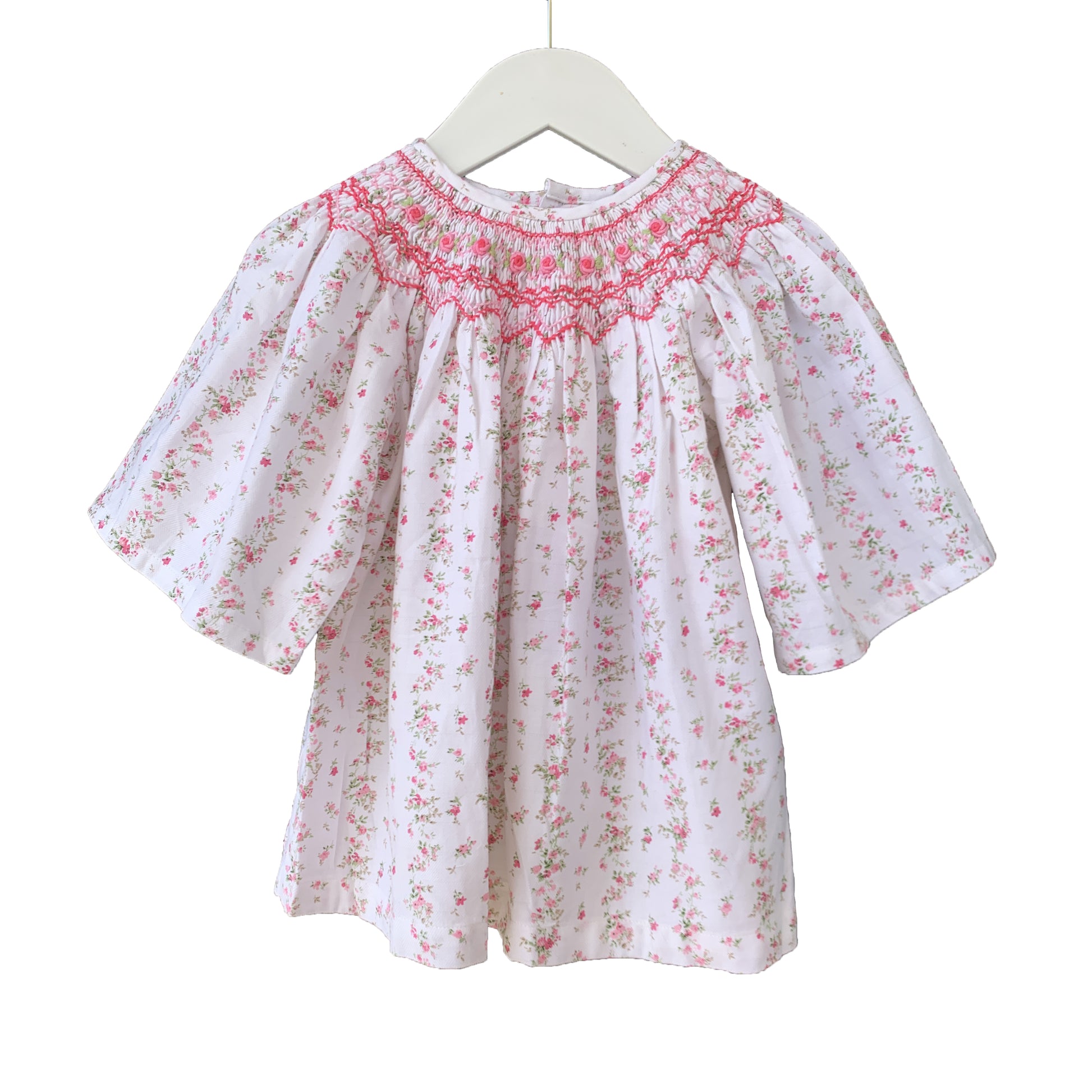 Bishop Pink Roses Smocked Dress with 3/4 Sleeves.