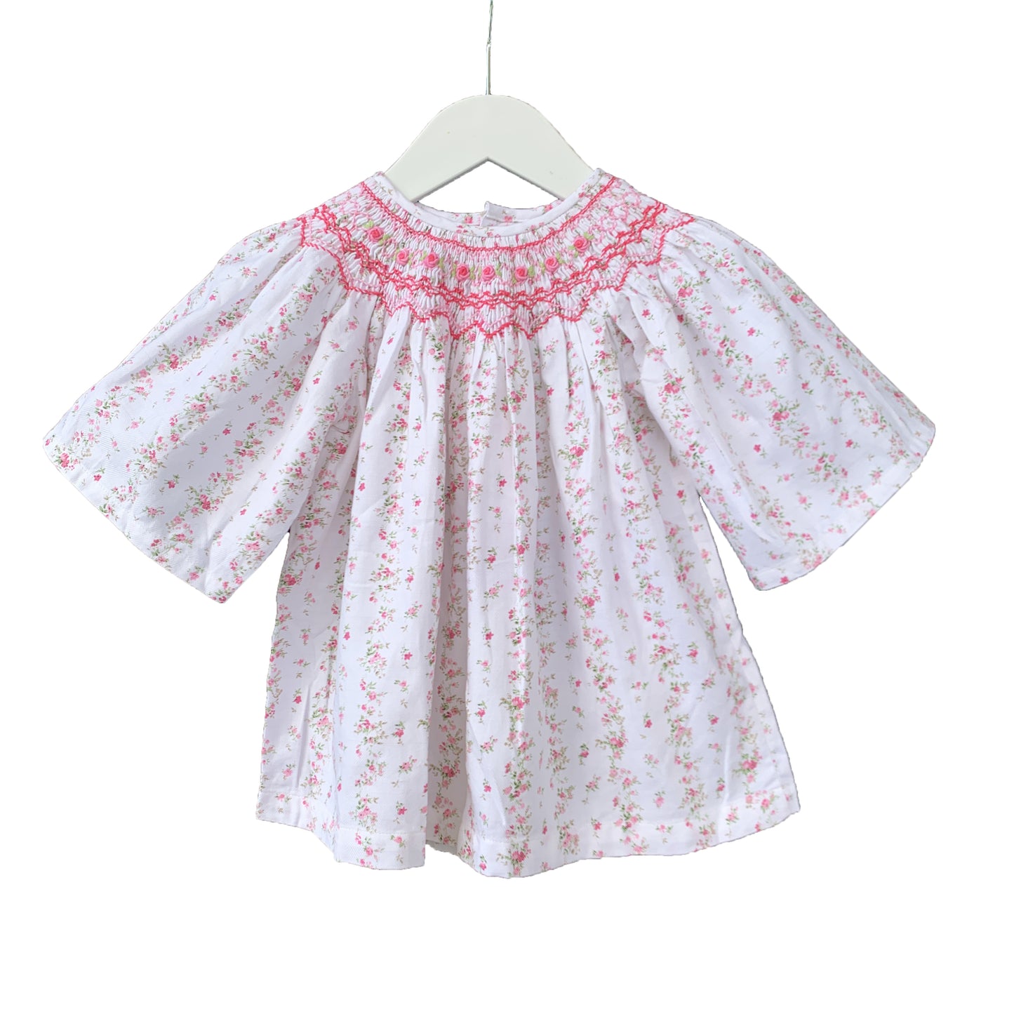 Bishop Pink Roses Smocked Dress with 3/4 Sleeves.