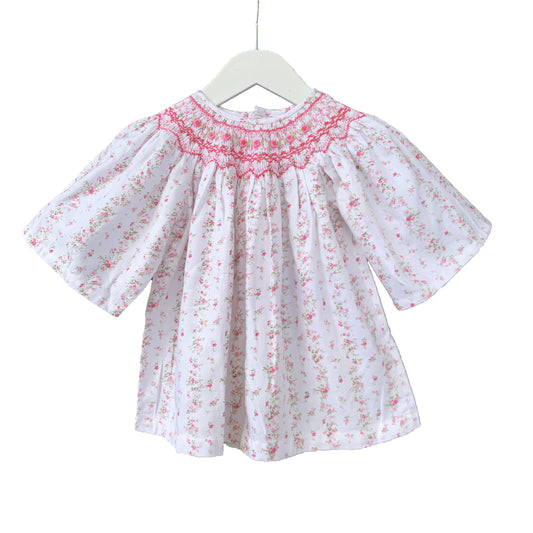 Bishop Pink Roses Smocked Dress with 3/4 Sleeves.
