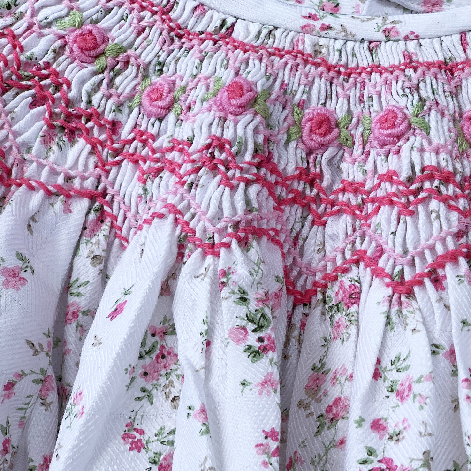 Bishop Pink Roses Smocked Dress with 3/4 Sleeves.