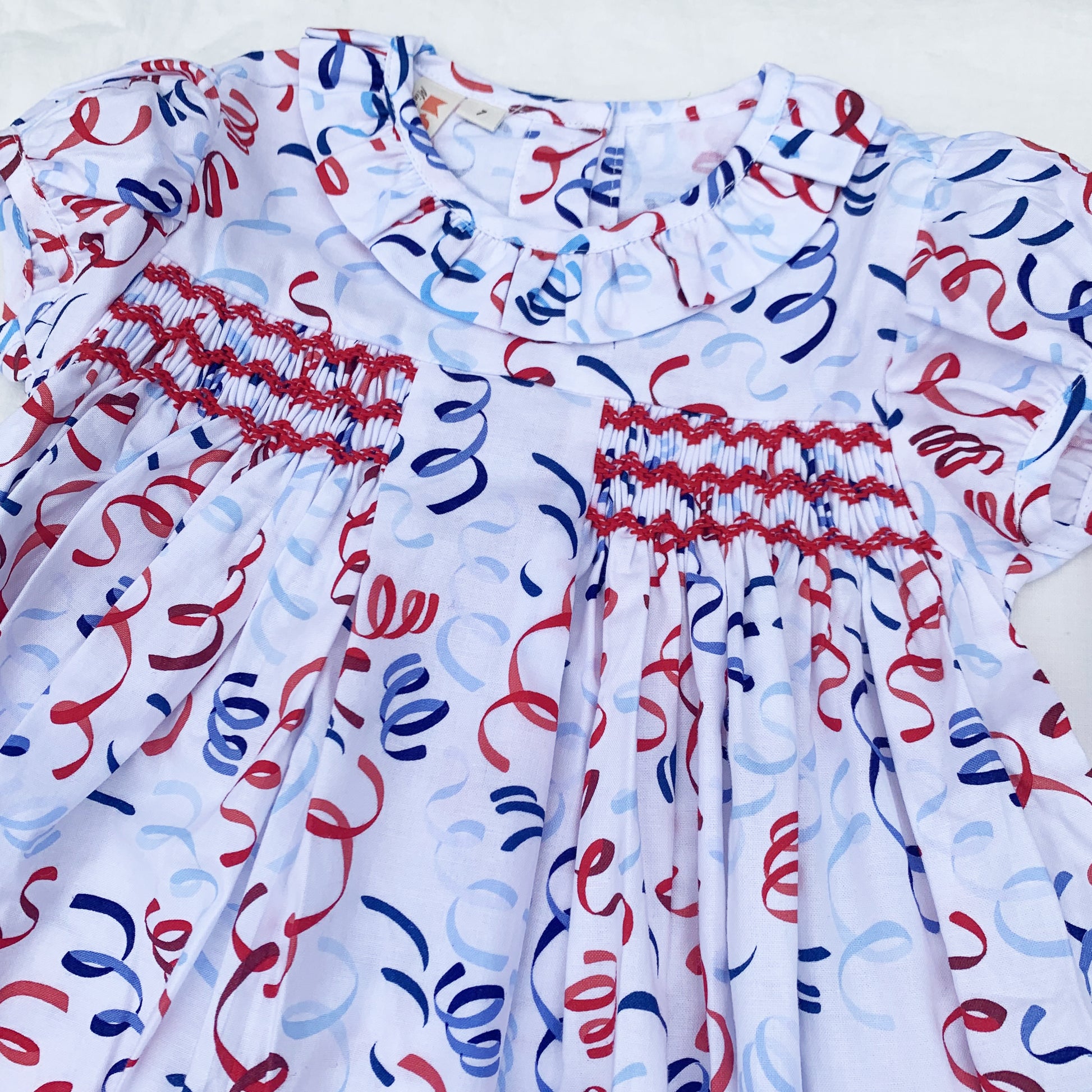 Red Blue Ribbon Smocked Dress.