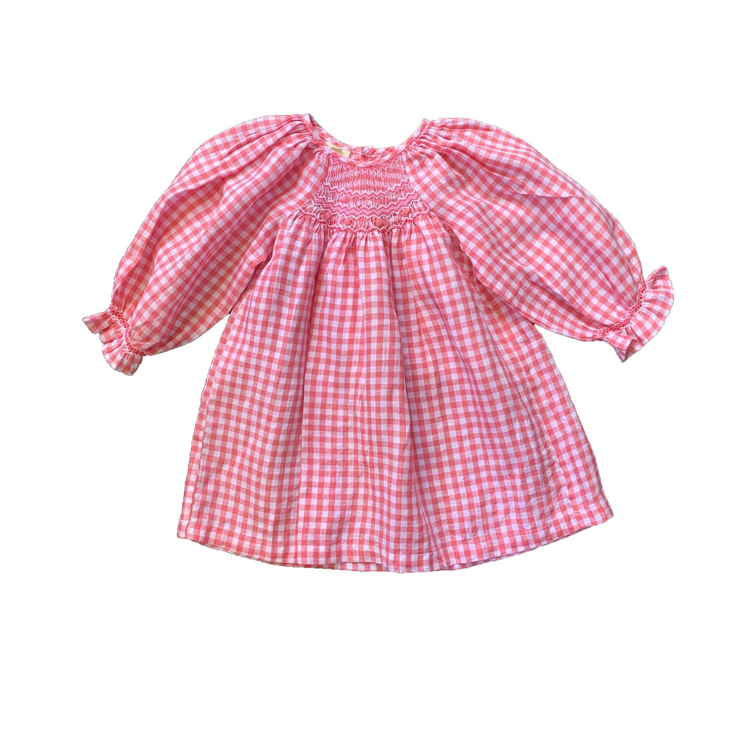 Pink Check Linen Smocked Dress.