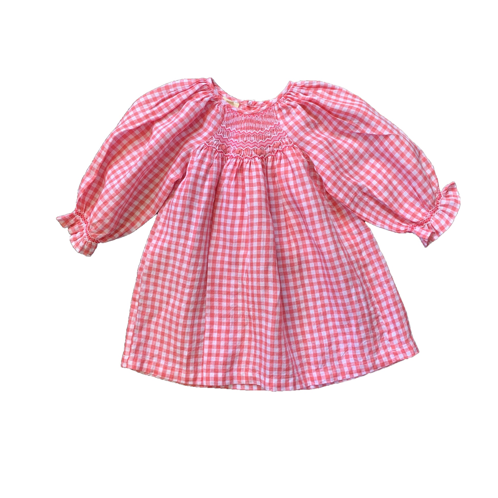 Pink Check Linen Smocked Dress.
