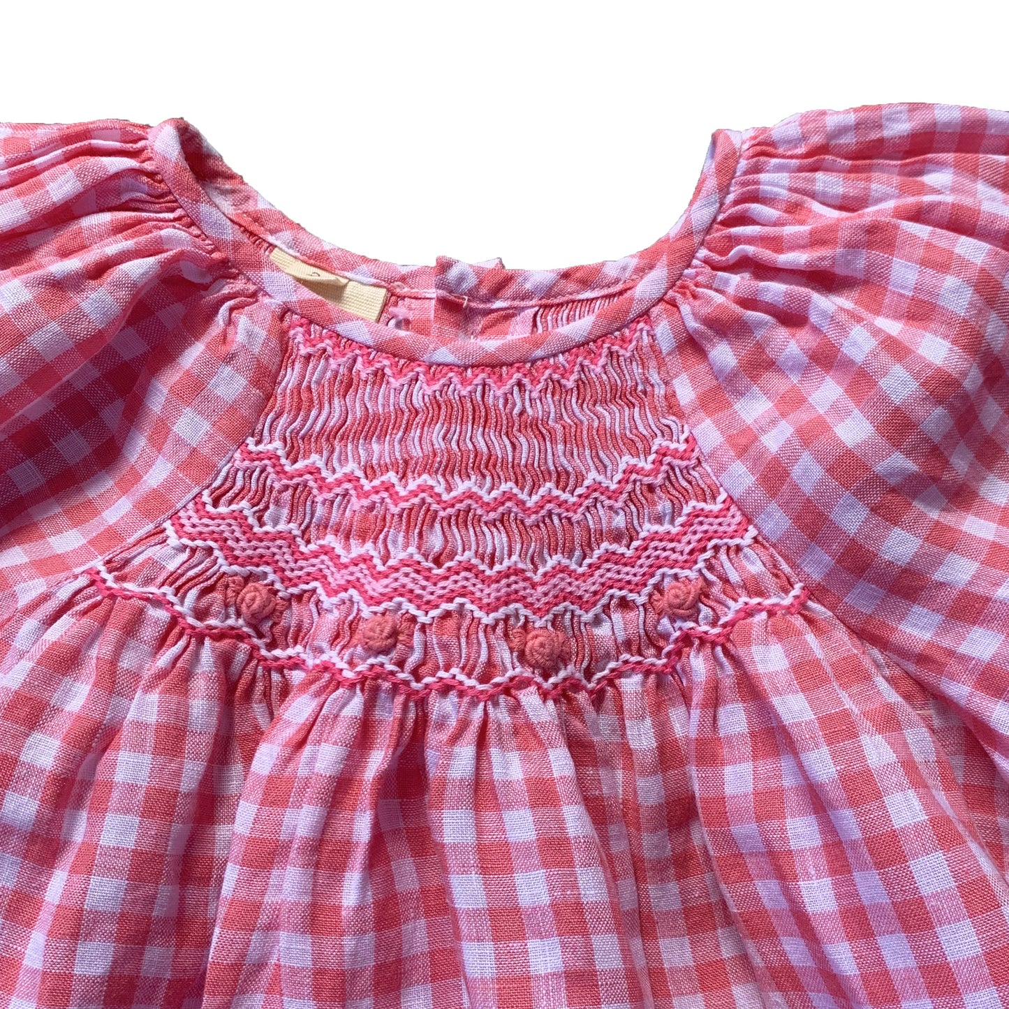 Pink Check Linen Smocked Dress.