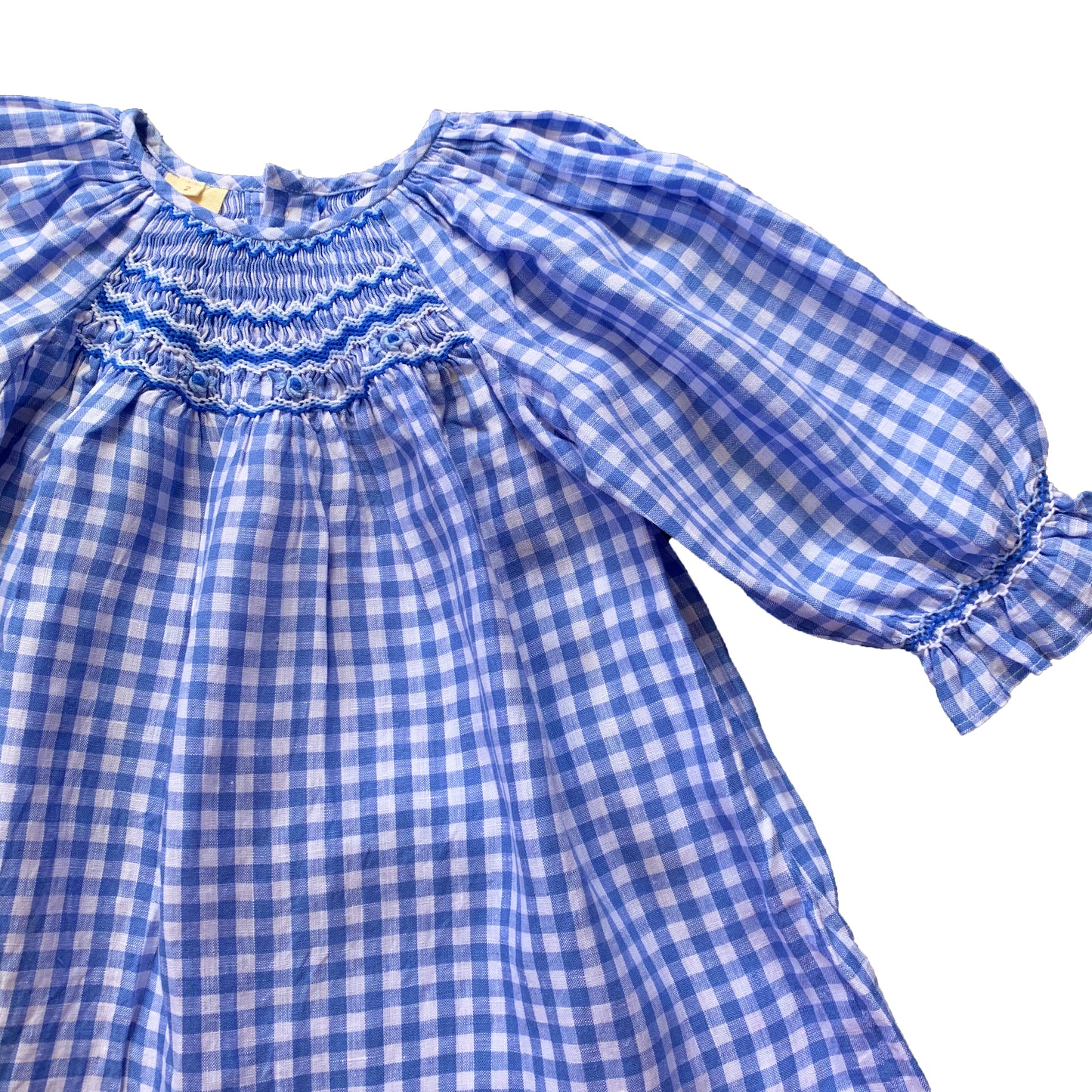 Blue Check Linen Smocked Dress.