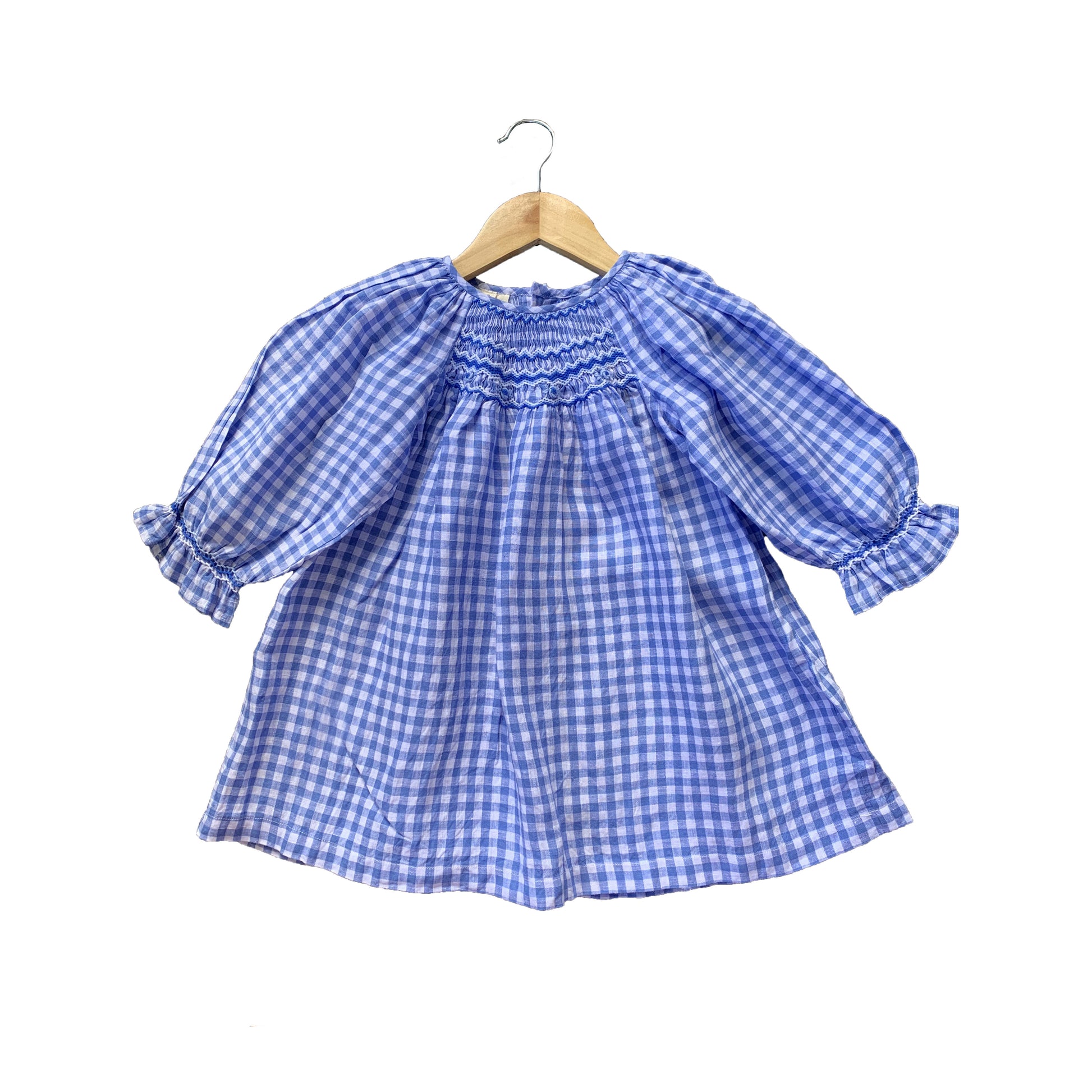 Blue Check Linen Smocked Dress.