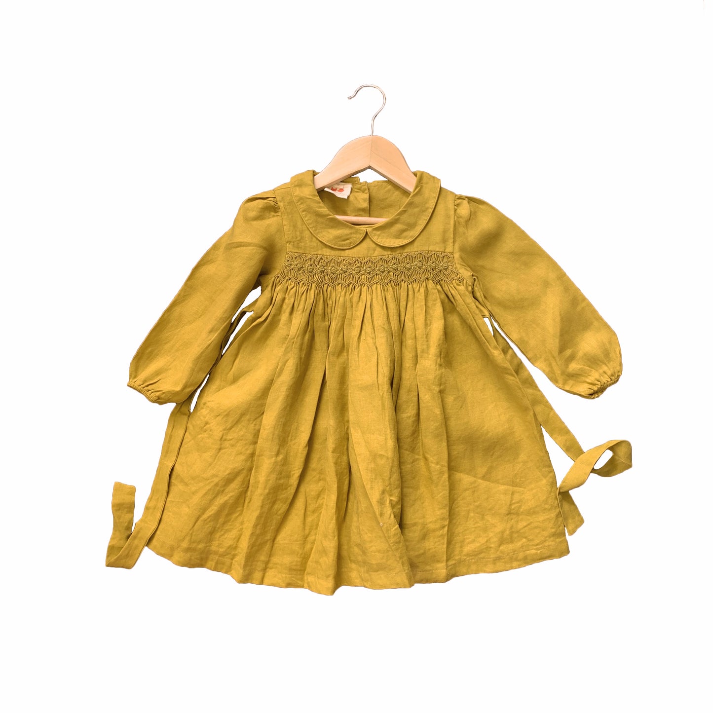 Mustard Linen Smocked Dress.