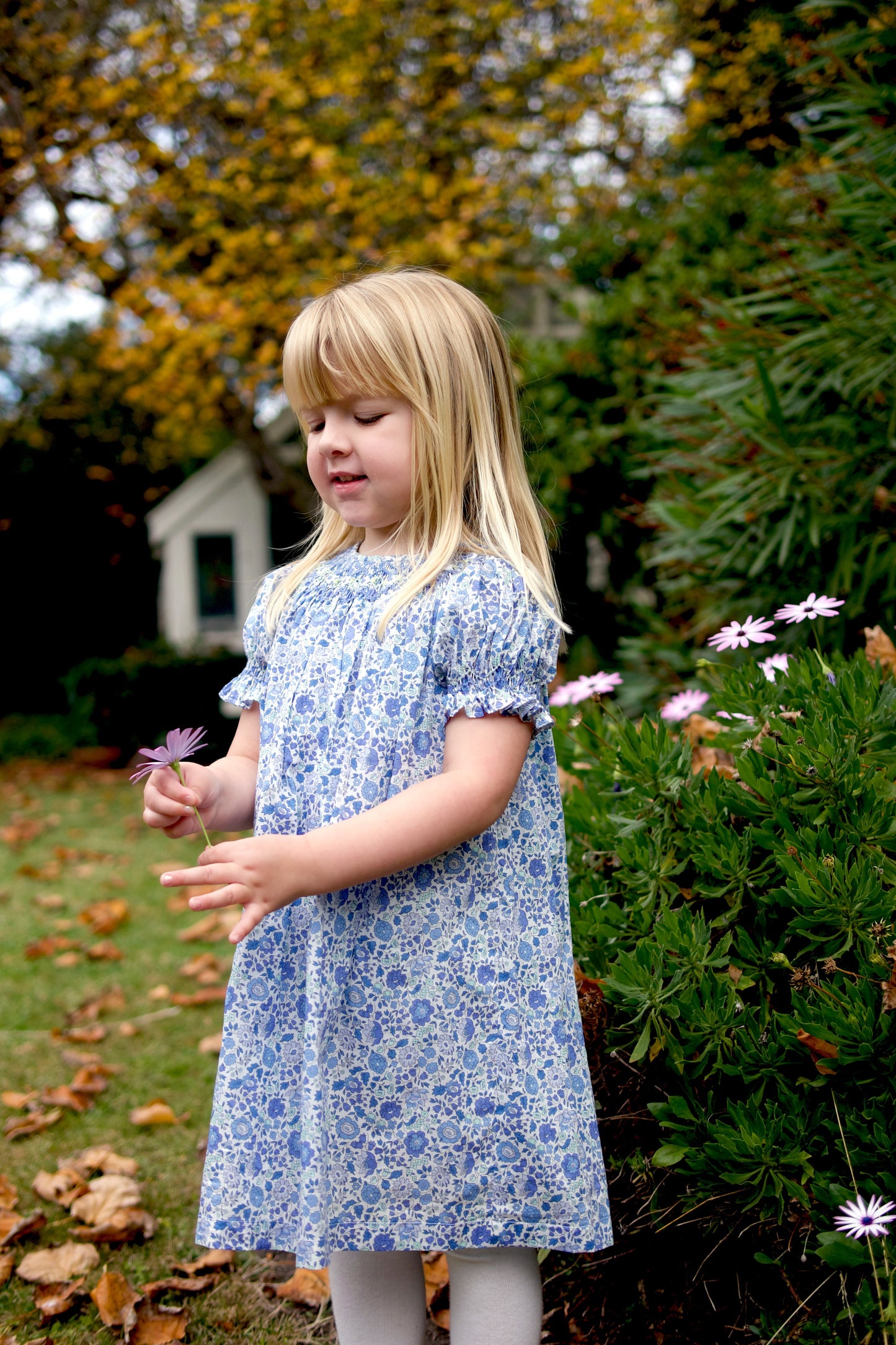 Blue Floral Bishop Smocked Dress.