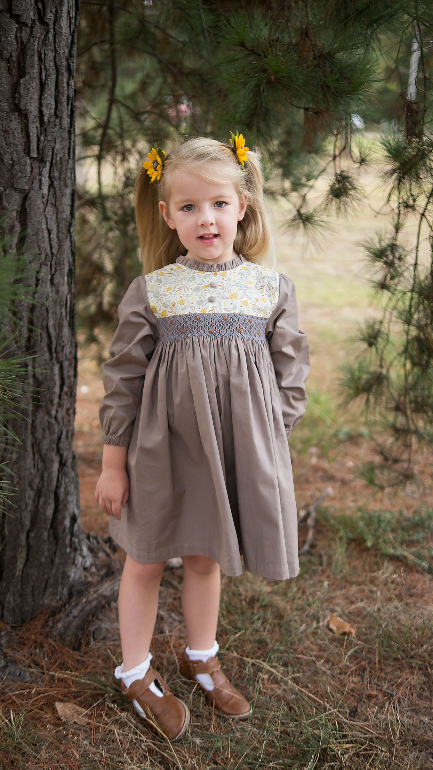 Vintage Grey Floral Smocked Dress