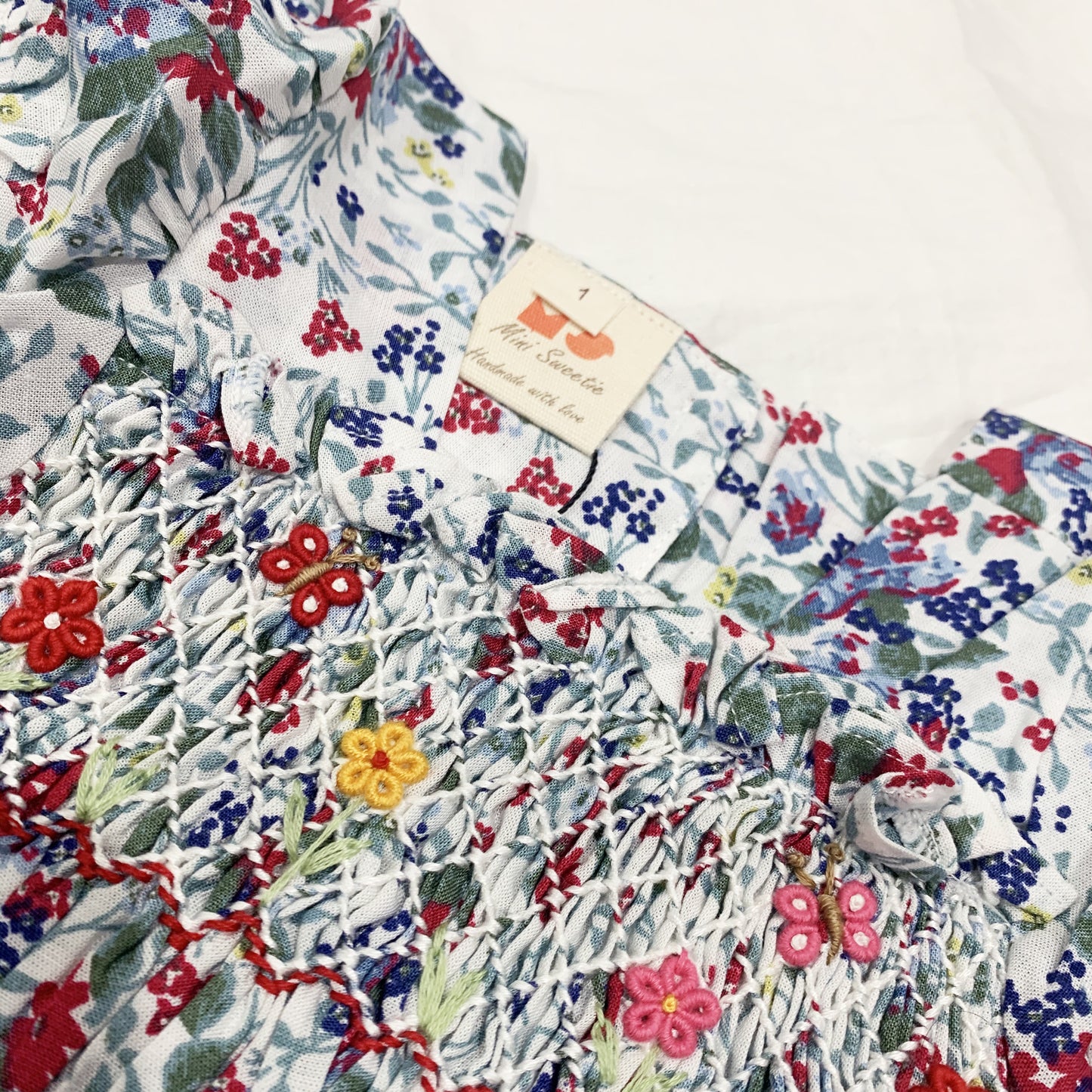 Red Green Flowers Smocked Dress.