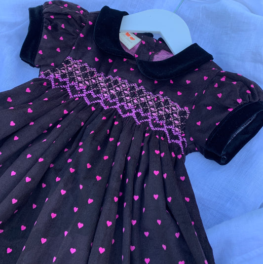 Pink Heart Velvet Smocked Dress.
