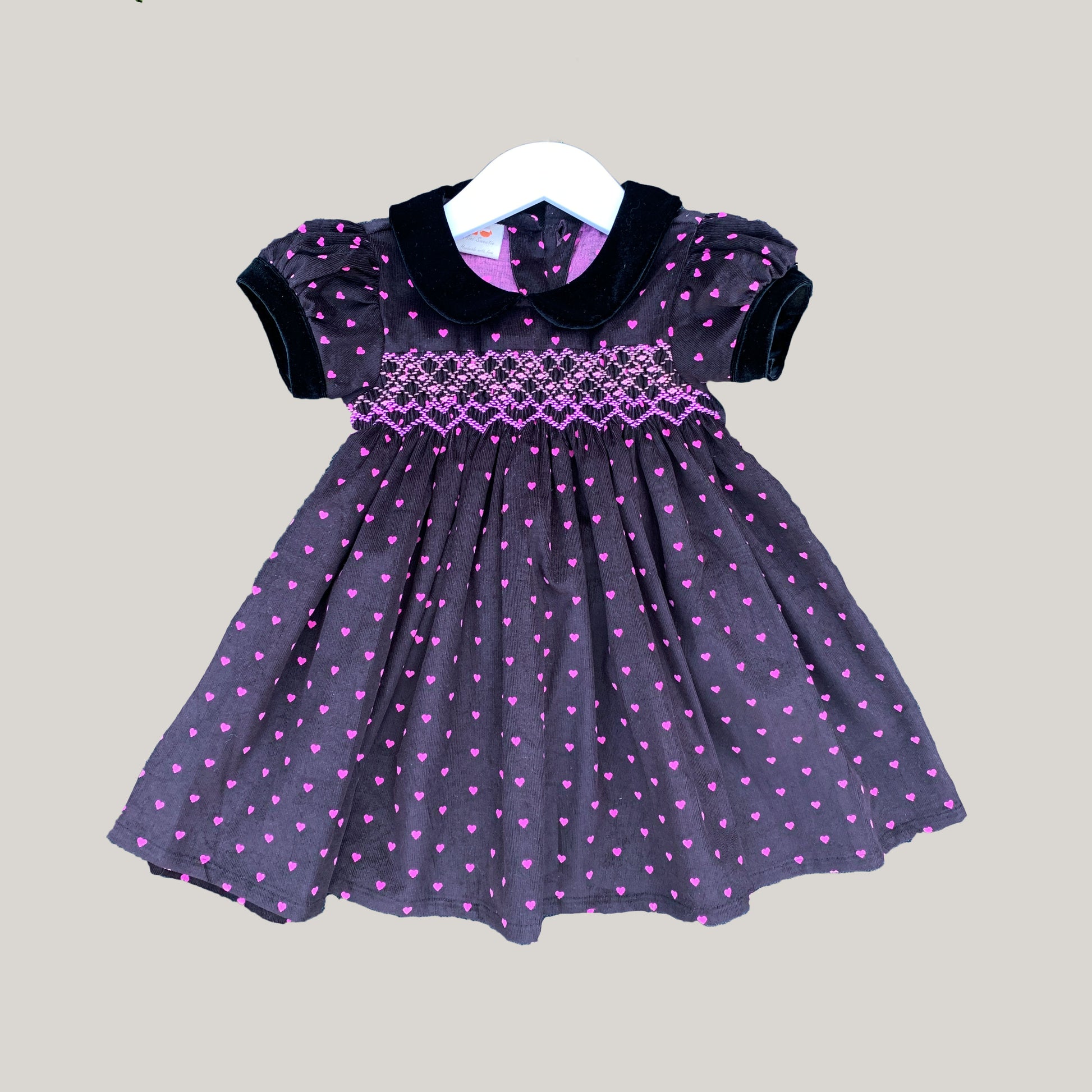 Pink Heart Velvet Smocked Dress.