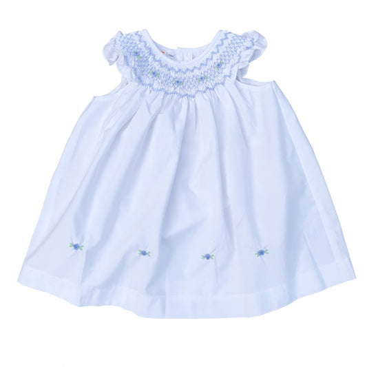 White Bishop Smocked Dress With Blue Flowers.