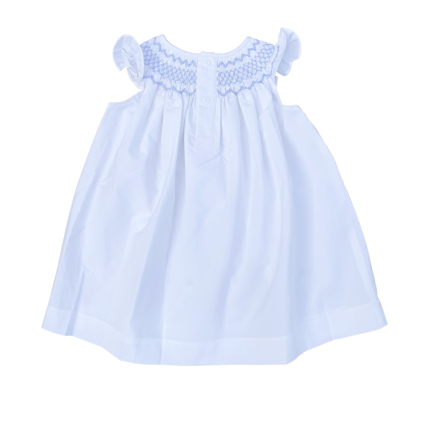 White Bishop Smocked Dress With Blue Flowers.