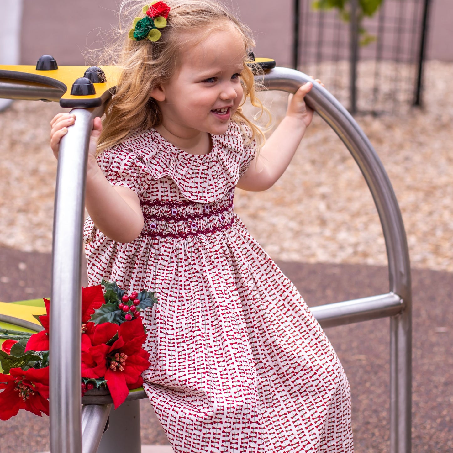 Maroon Red Bow Smocked Dress.