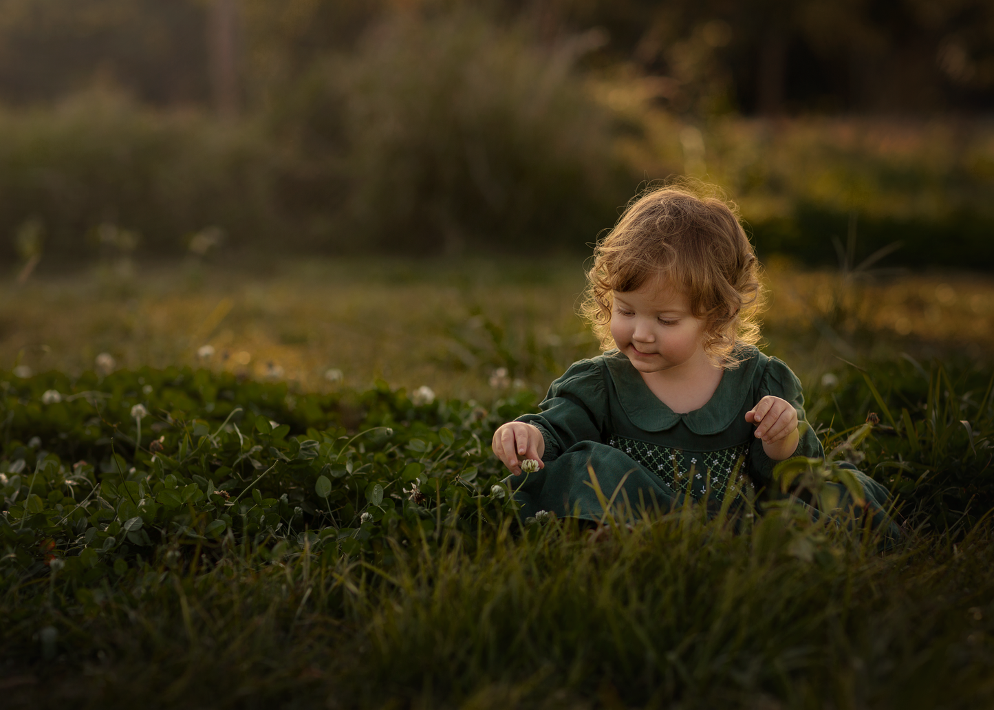 Green long sleeves hand smocked with embroidered pearls