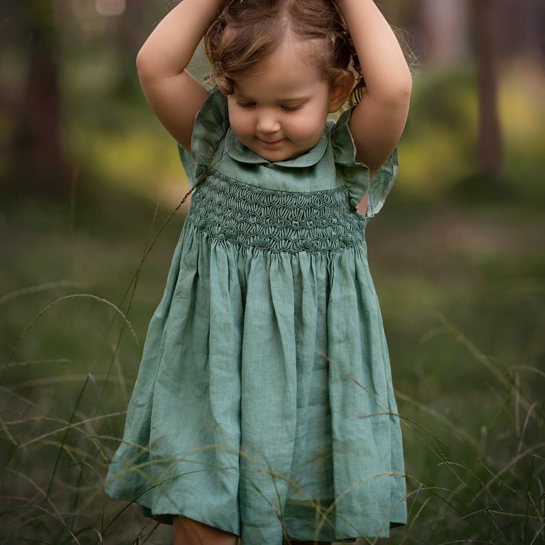 Light Green Linen Smocked Dress