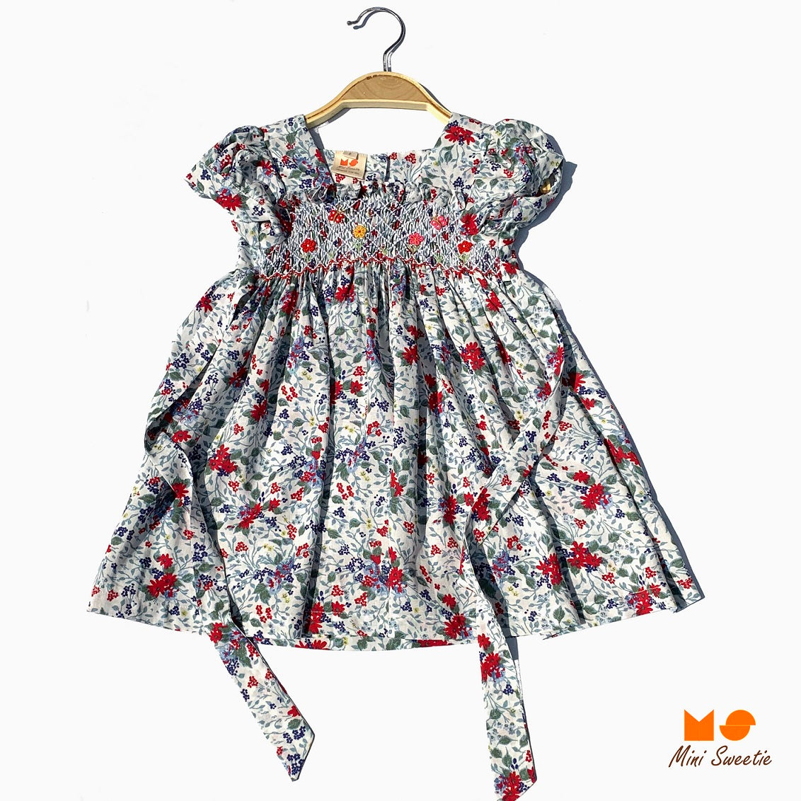 Red Green Flowers Smocked Dress.