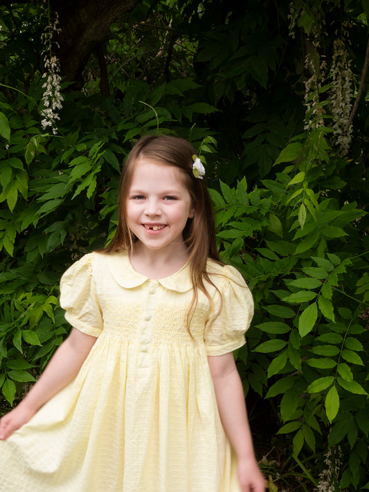 Lemon Smocked Dress With Pearl