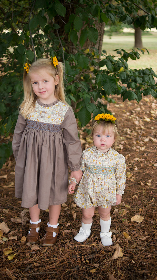Vintage Grey Floral Smocked Dress