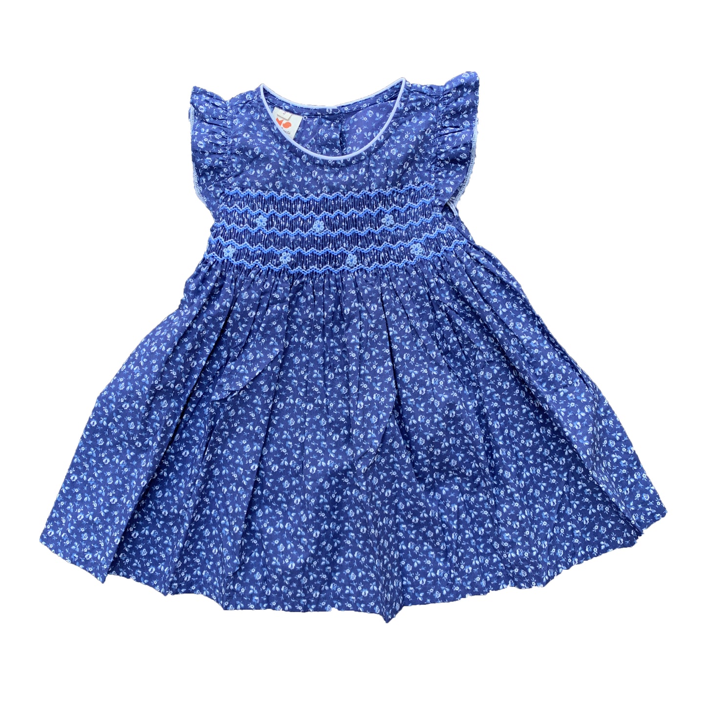 Navy Flower Smocked Dress (Round Neck)
