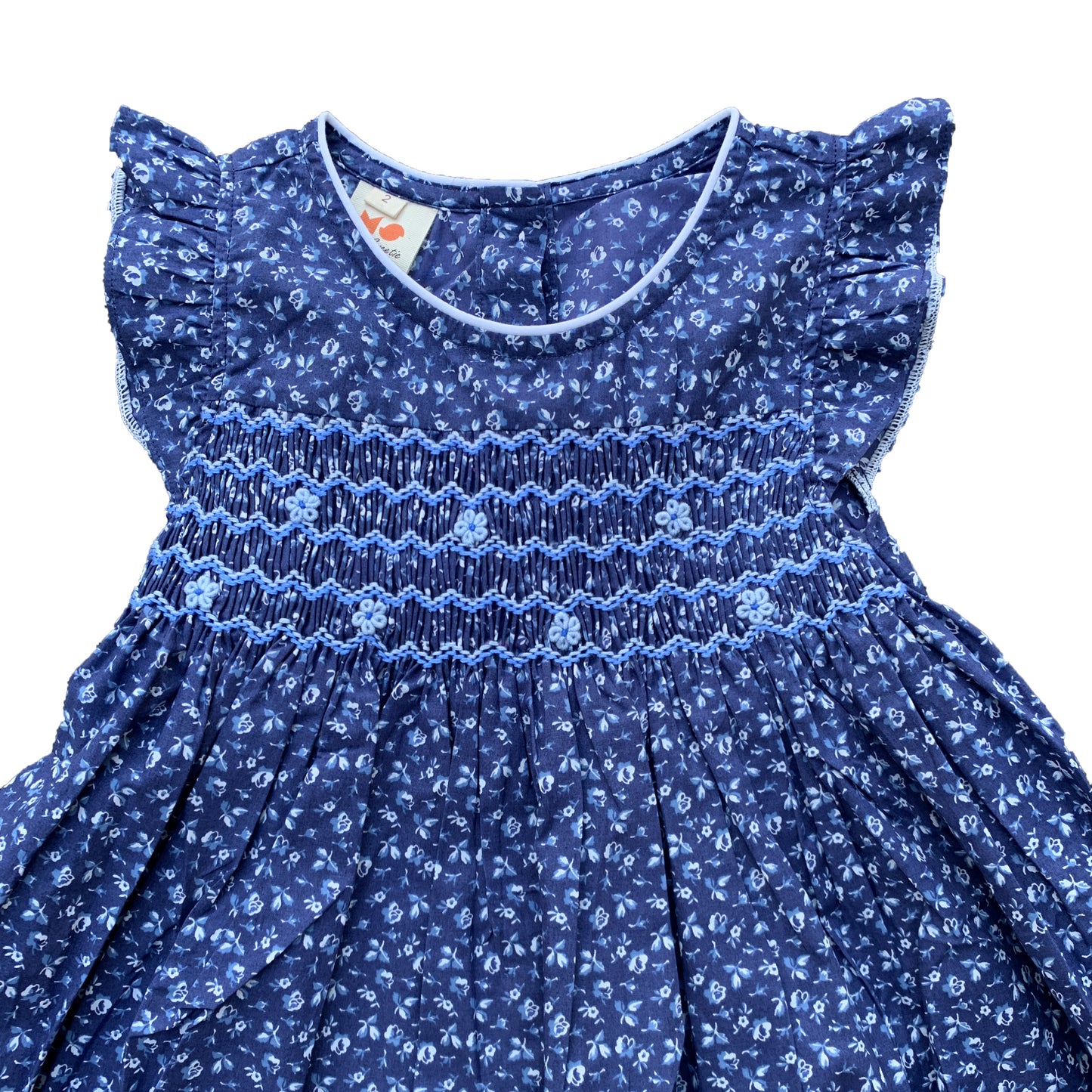 Navy Flower Smocked Dress (Round Neck)