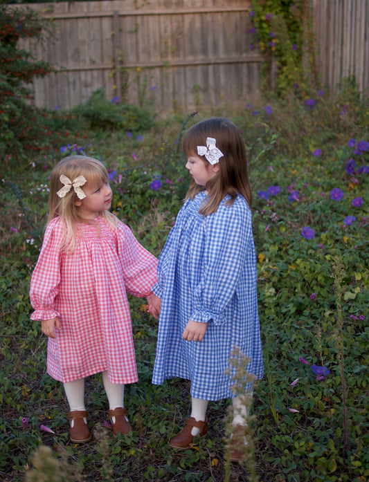 Pink Check Linen Smocked Dress.