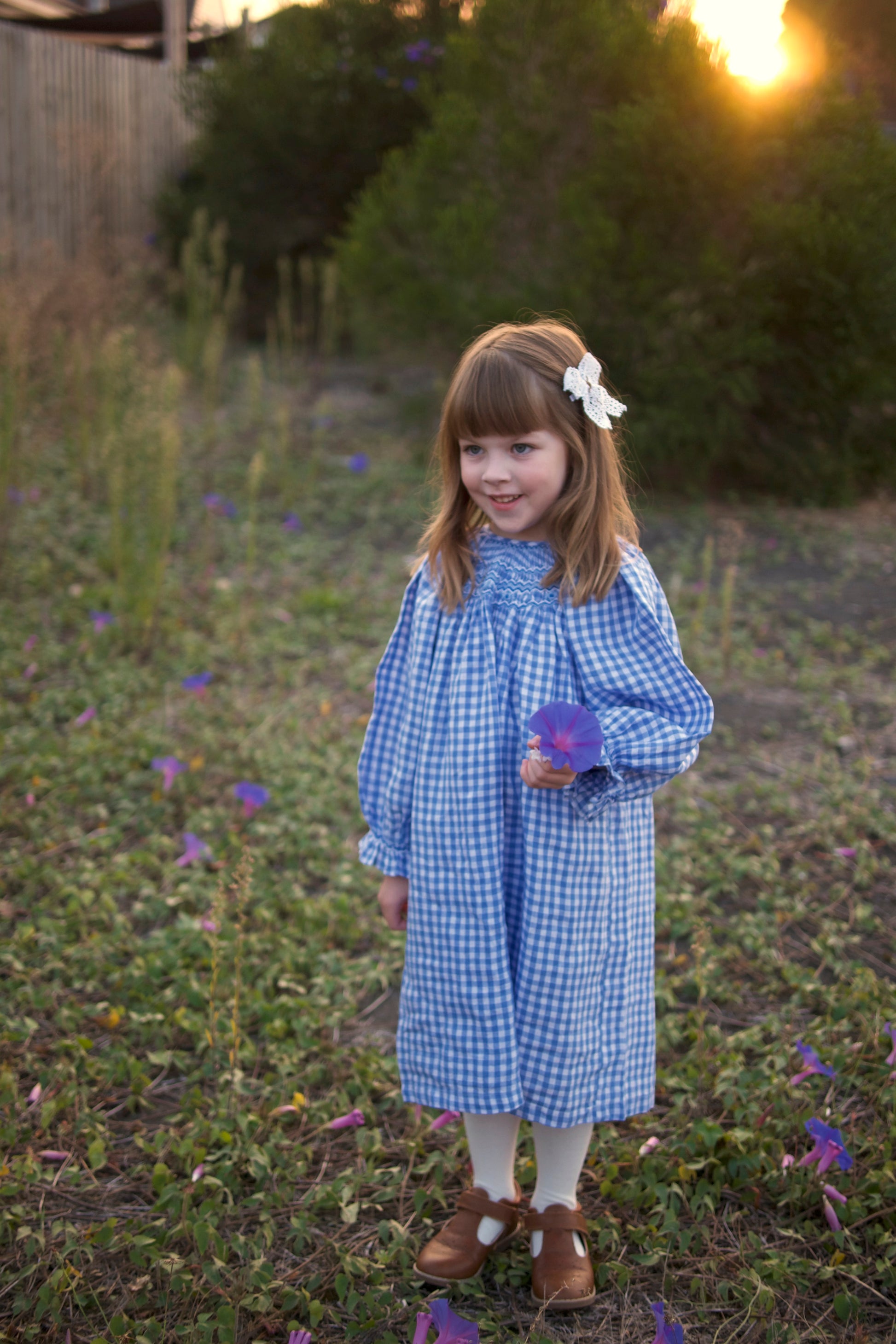 Blue Check Linen Smocked Dress.