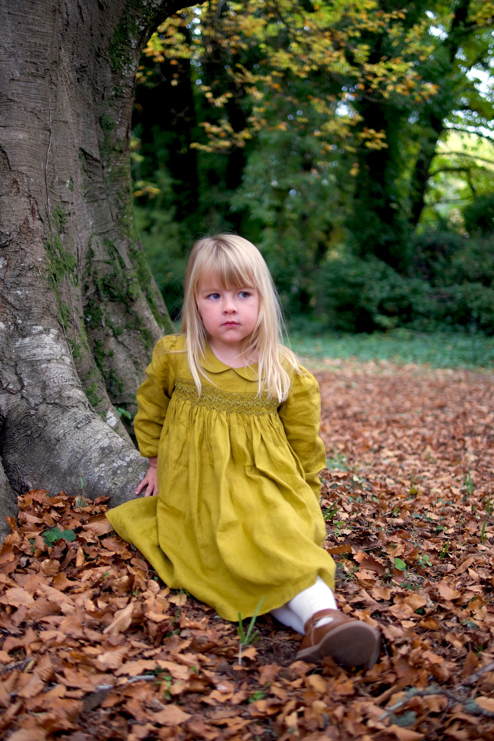 Mustard Linen Smocked Dress.