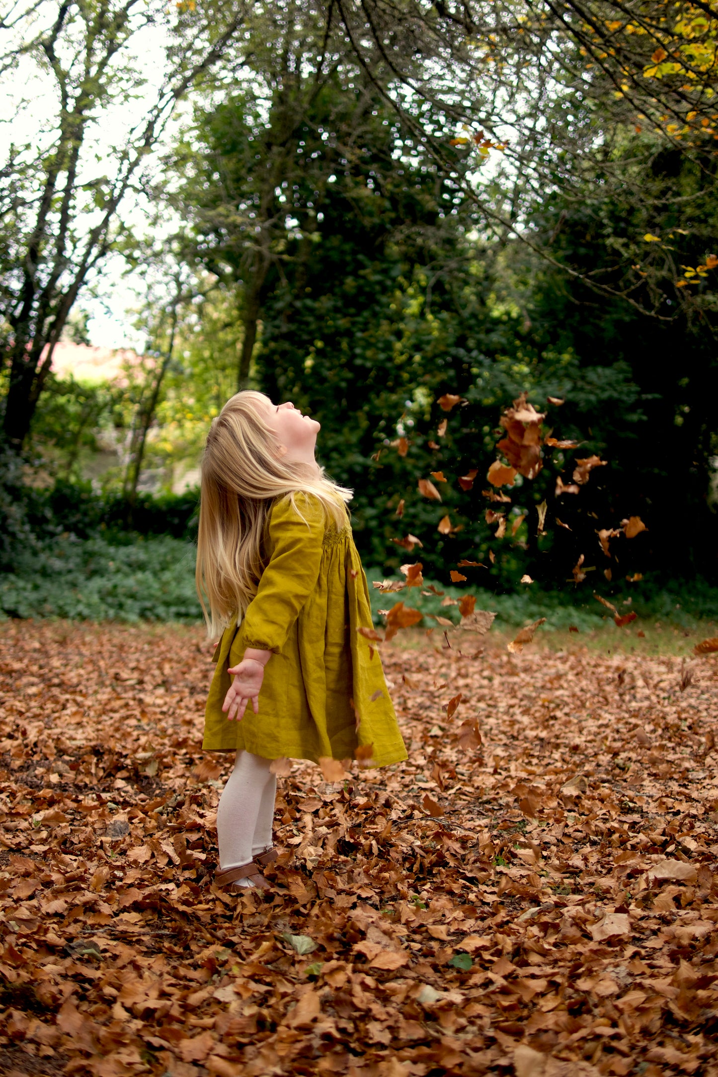 Mustard Linen Smocked Dress.
