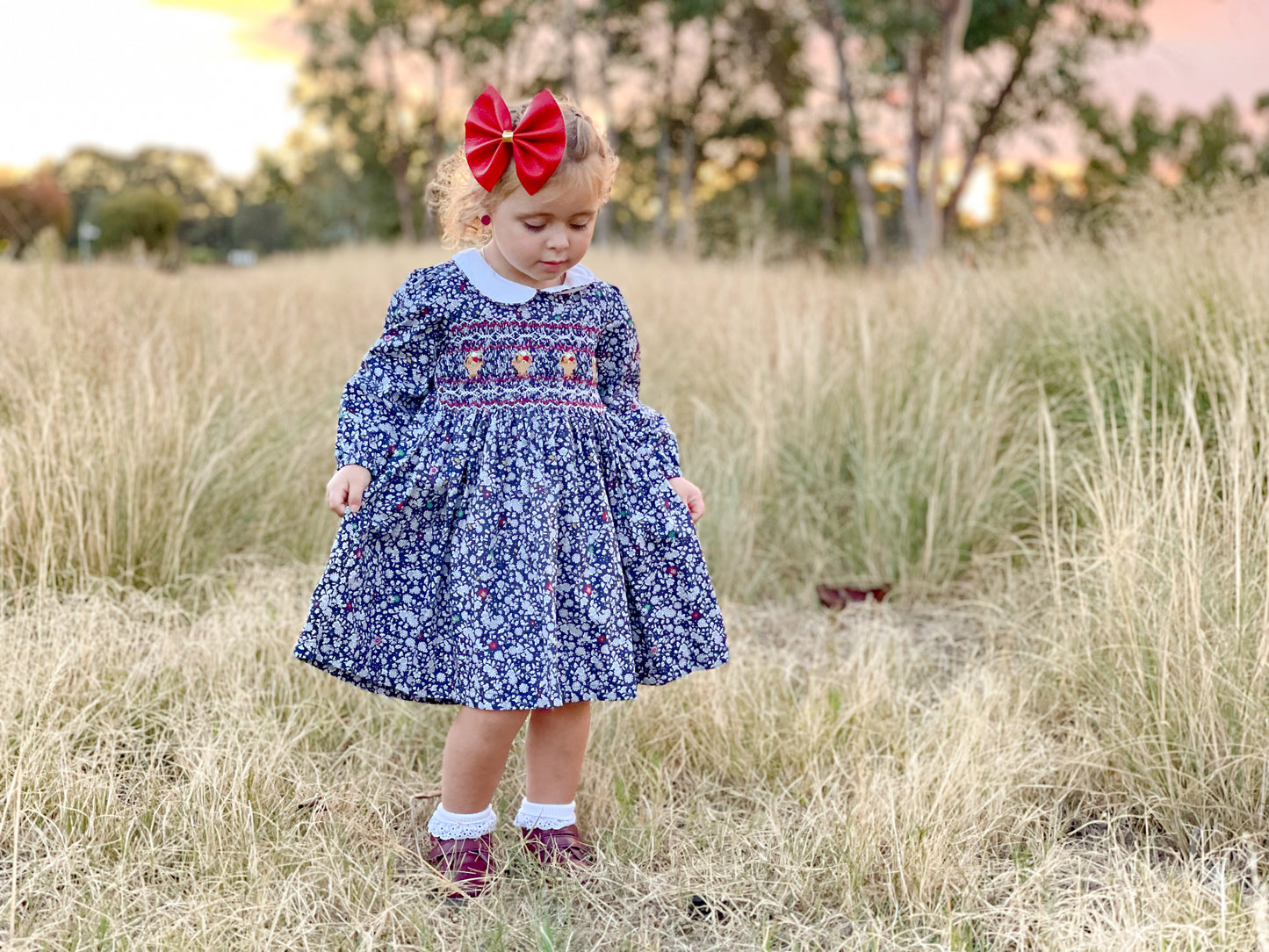Navy "Flower Bucket" Smocked Dress