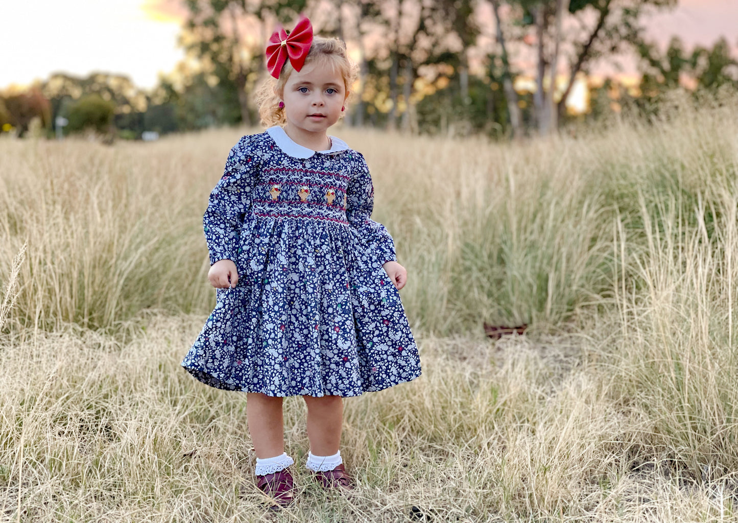 Navy "Flower Bucket" Smocked Dress