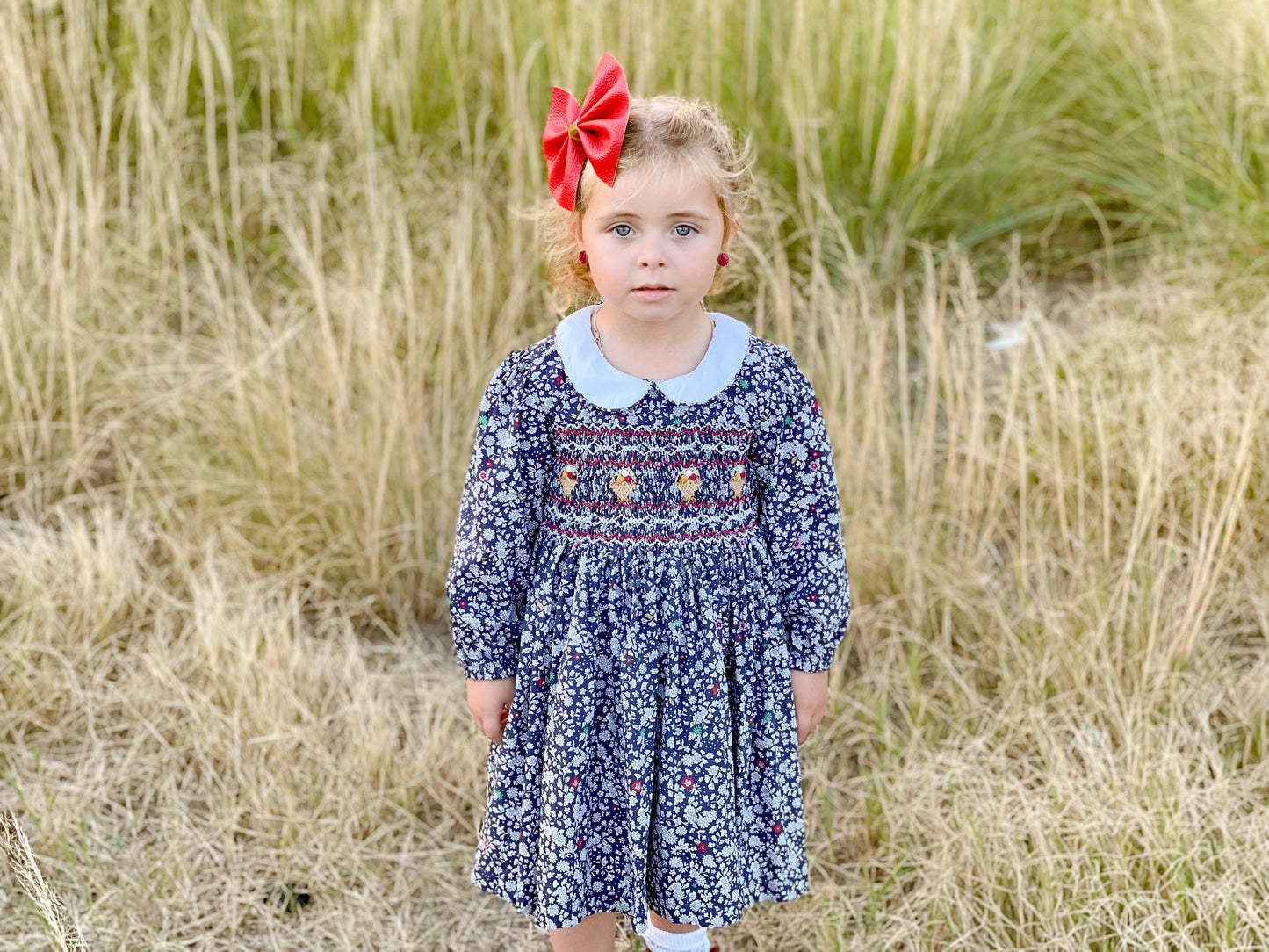 Navy "Flower Bucket" Smocked Dress