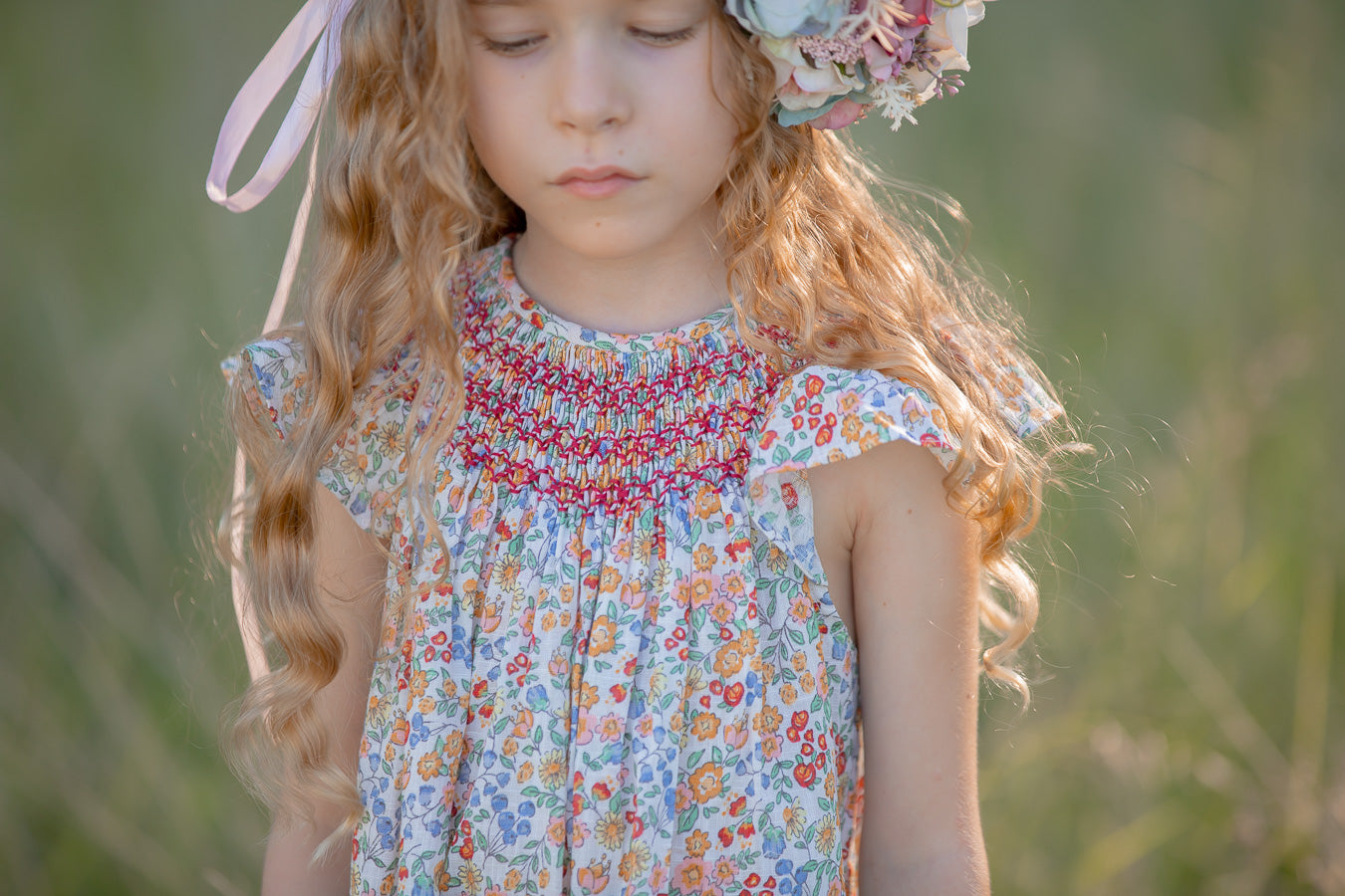 Red Floral Bishop Smocked Dress