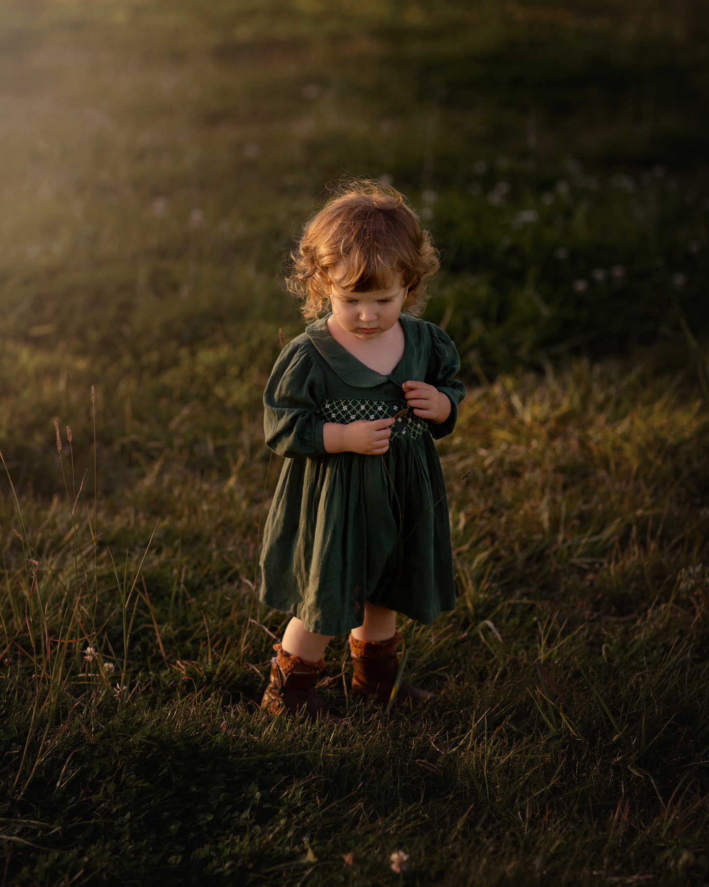 Green long sleeves hand smocked with embroidered pearls