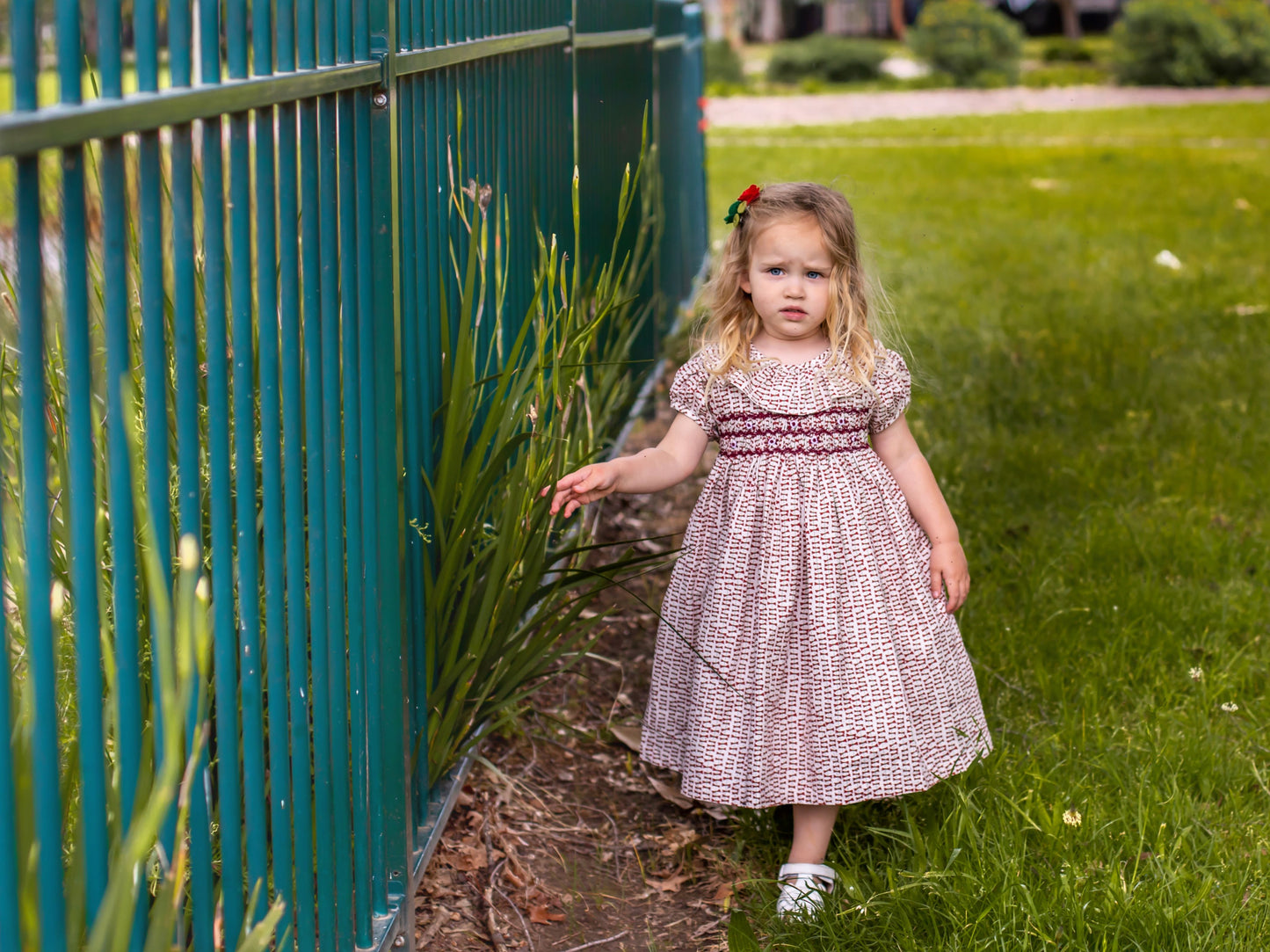 Maroon Red Bow Smocked Dress.