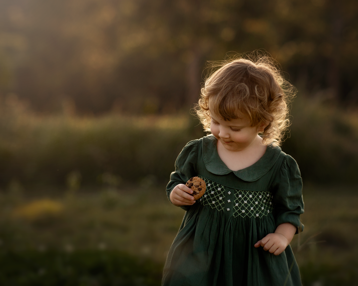 Green long sleeves hand smocked with embroidered pearls