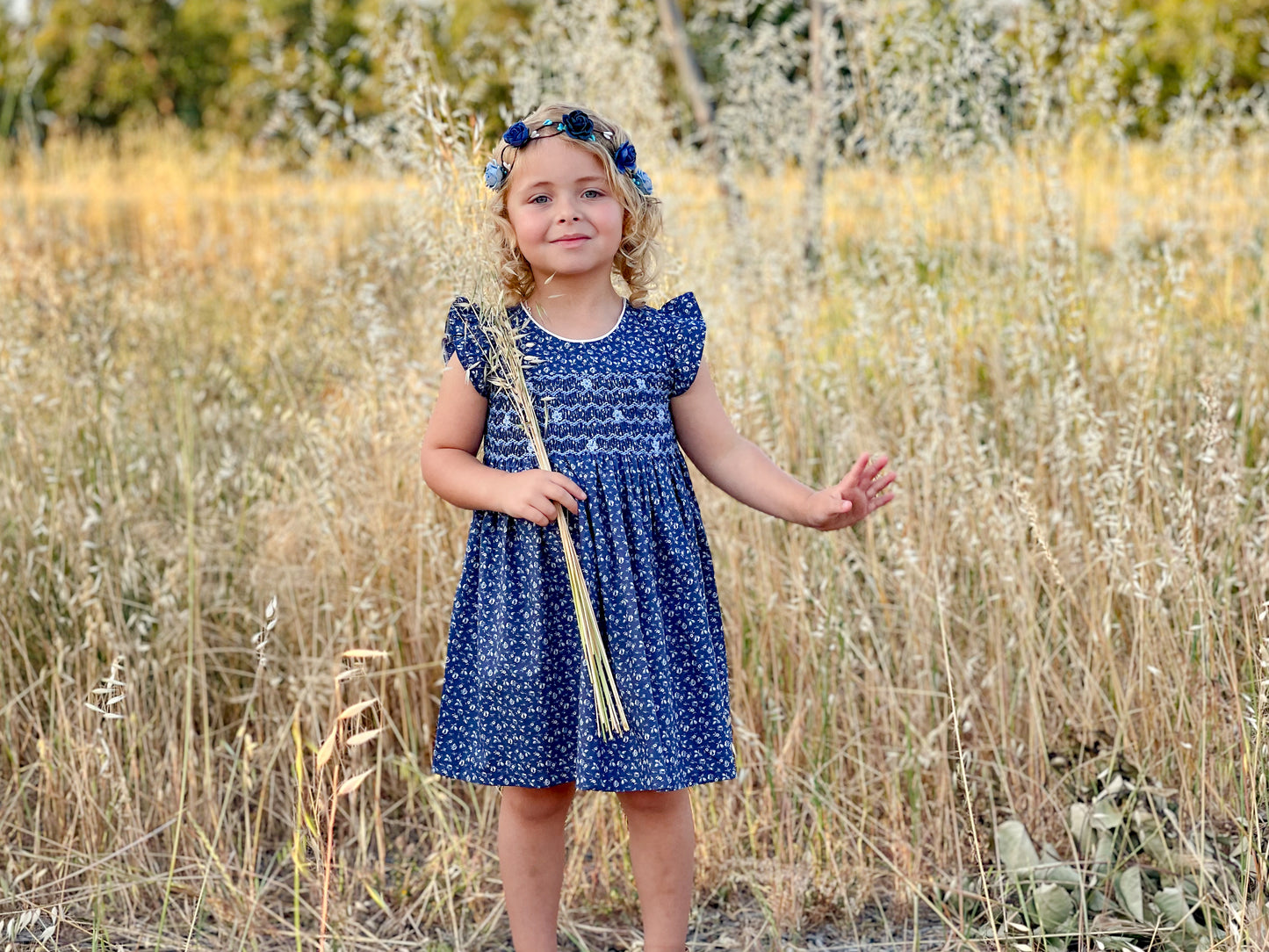 Navy Flower Smocked Dress (Round Neck)
