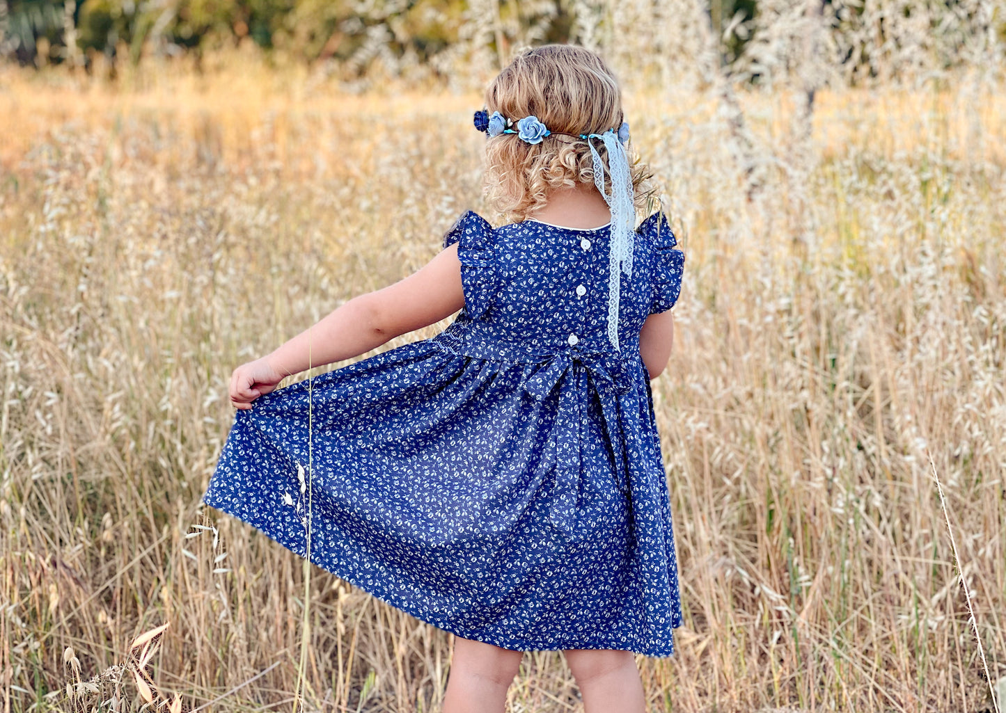 Navy Flower Smocked Dress (Round Neck)